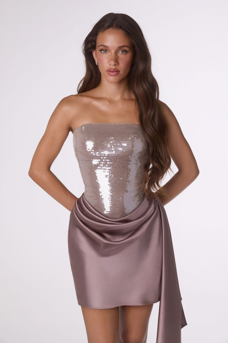 Shimmering Sequin Bodice & Satin Strapless Mini Dress With Corset Back | Homecoming Cocktail Party