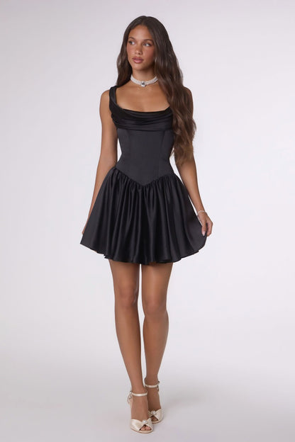 Draped Neck Corset Bodice Satin Mini Dress - Homecoming & Cocktail Party