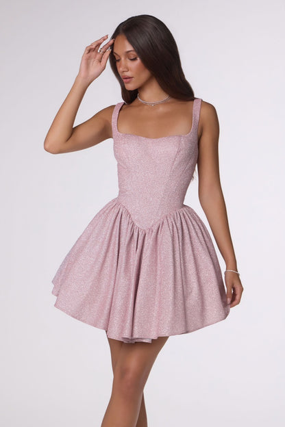 Shimmering Square Neck Fit & Flare Mini Dress | Corset Back Homecoming Party Cocktail