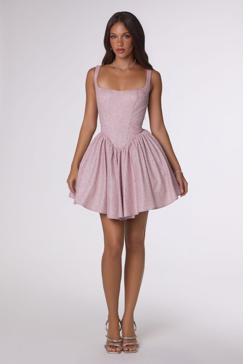 Shimmering Square Neck Fit & Flare Mini Dress | Corset Back Homecoming Party Cocktail