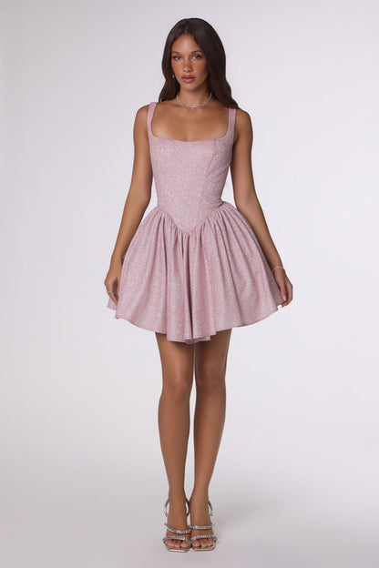 Shimmering Square Neck Fit & Flare Mini Dress | Corset Back Homecoming Party Cocktail