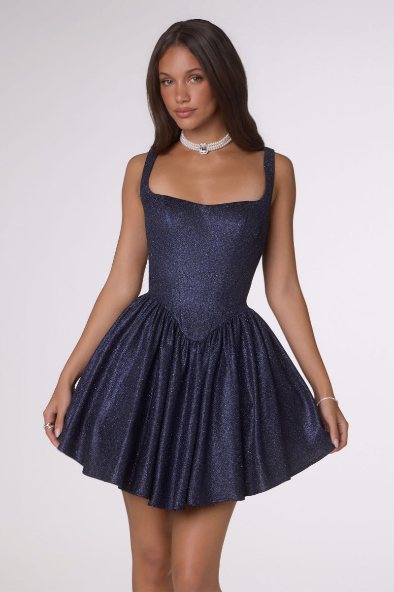 Shimmering Square Neck Fit & Flare Mini Dress | Corset Back Homecoming Party Cocktail