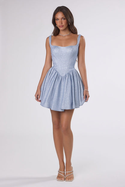 Shimmering Square Neck Fit & Flare Mini Dress | Corset Back Homecoming Party Cocktail