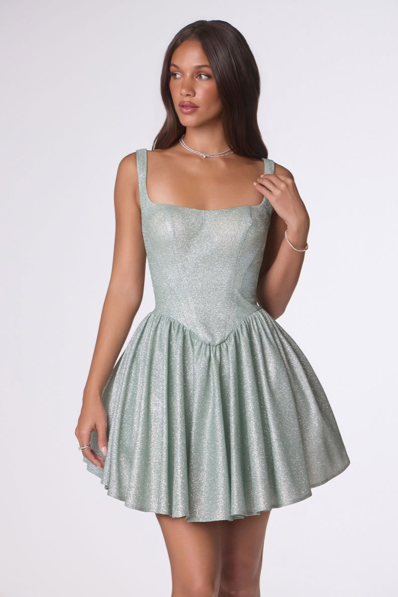 Shimmering Square Neck Fit & Flare Mini Dress | Corset Back Homecoming Party Cocktail