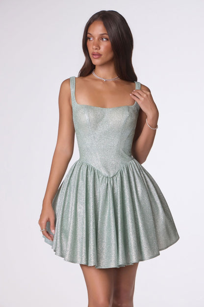 Shimmering Square Neck Fit & Flare Mini Dress | Corset Back Homecoming Party Cocktail