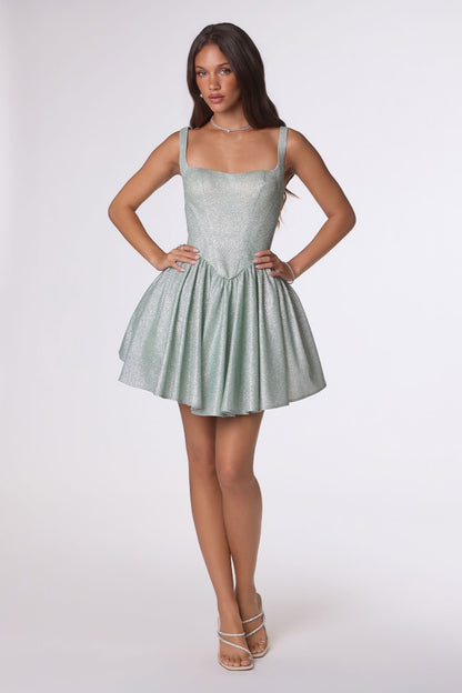 Shimmering Square Neck Fit & Flare Mini Dress | Corset Back Homecoming Party Cocktail
