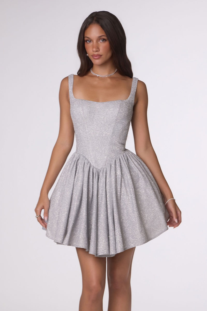 Shimmering Square Neck Fit & Flare Mini Dress | Corset Back Homecoming Party Cocktail