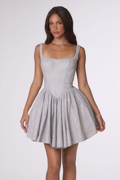 Shimmering Square Neck Fit & Flare Mini Dress | Corset Back Homecoming Party Cocktail