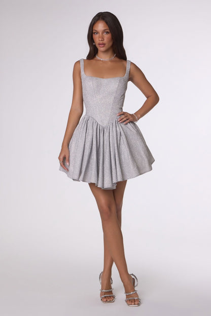 Shimmering Square Neck Fit & Flare Mini Dress | Corset Back Homecoming Party Cocktail