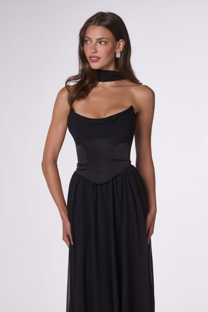 Ethereal A-Line Chiffon & Satin Formal Gown With Draped Bust, Corset Back & Neck Scarf