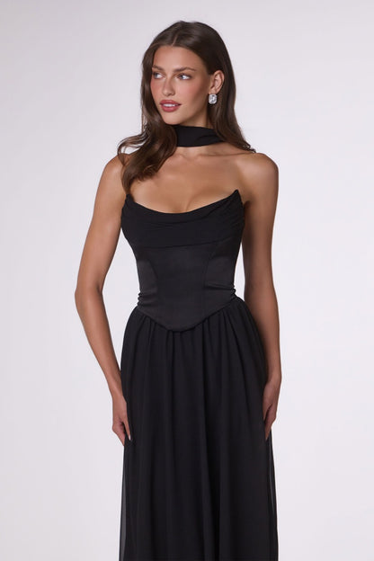 Ethereal A-Line Chiffon & Satin Formal Gown With Draped Bust, Corset Back & Neck Scarf