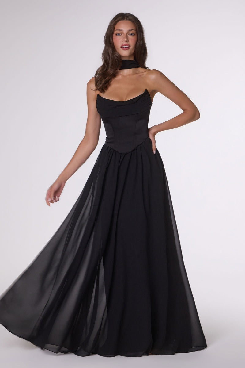 Ethereal A-Line Chiffon & Satin Formal Gown With Draped Bust, Corset Back & Neck Scarf