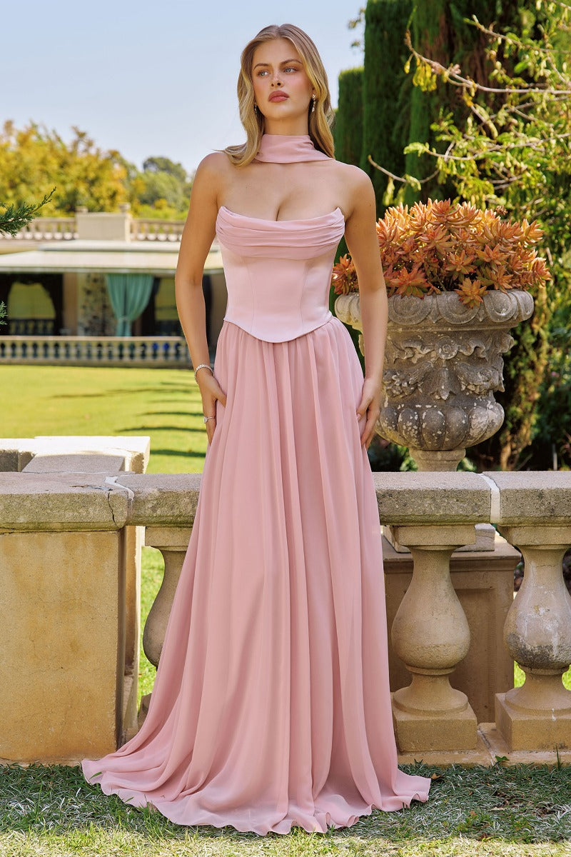 Ethereal A-Line Chiffon & Satin Formal Gown With Draped Bust, Corset Back & Neck Scarf