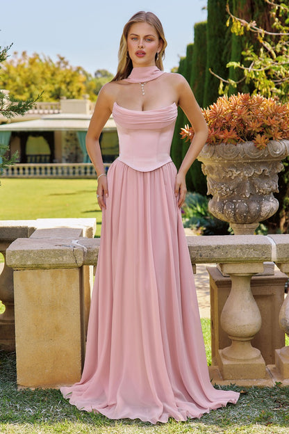 Ethereal A-Line Chiffon & Satin Formal Gown With Draped Bust, Corset Back & Neck Scarf