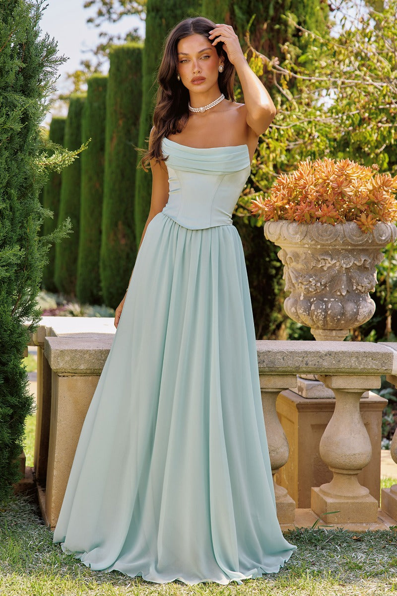 Ethereal A-Line Chiffon & Satin Formal Gown With Draped Bust, Corset Back & Neck Scarf