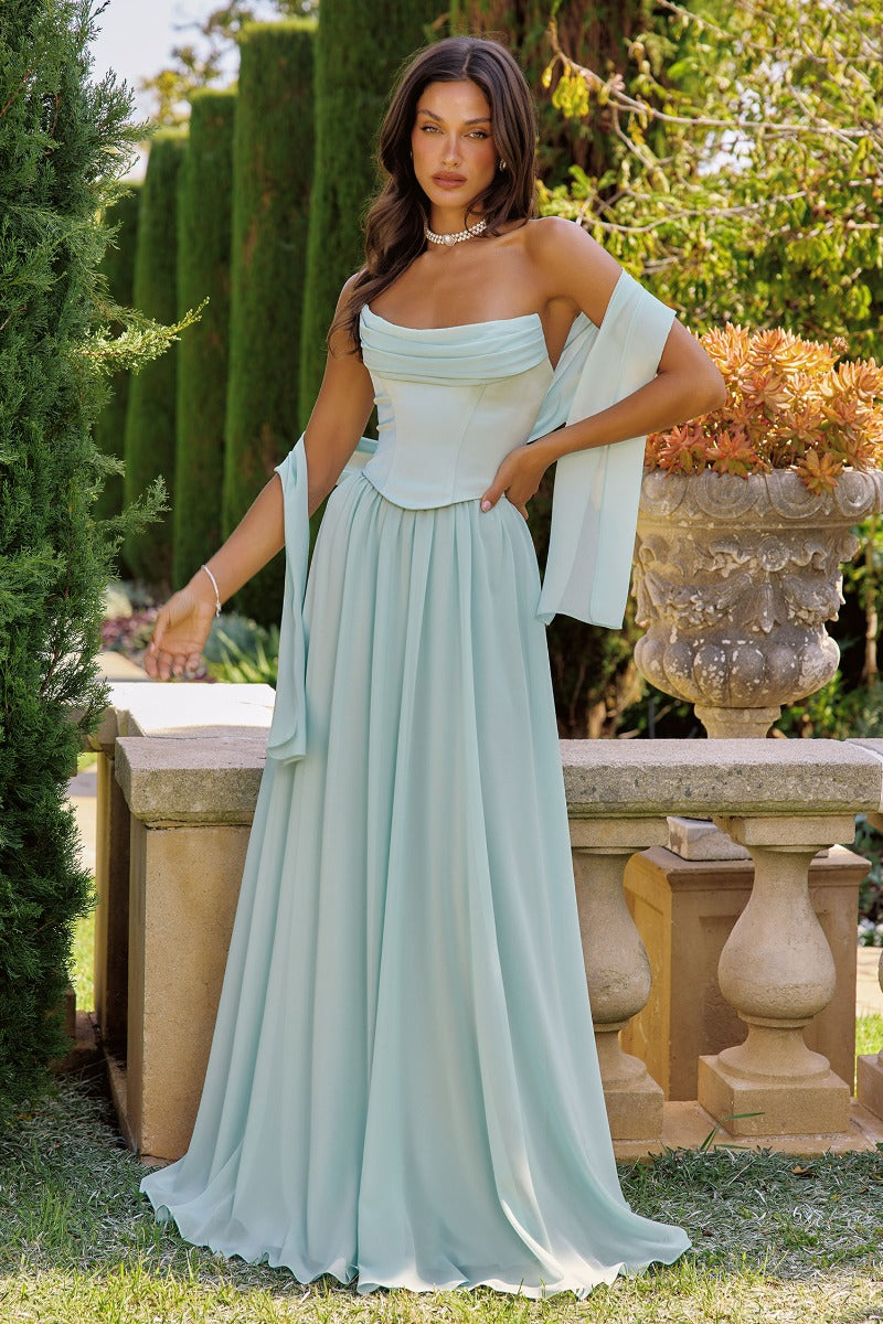 Ethereal A-Line Chiffon & Satin Formal Gown With Draped Bust, Corset Back & Neck Scarf
