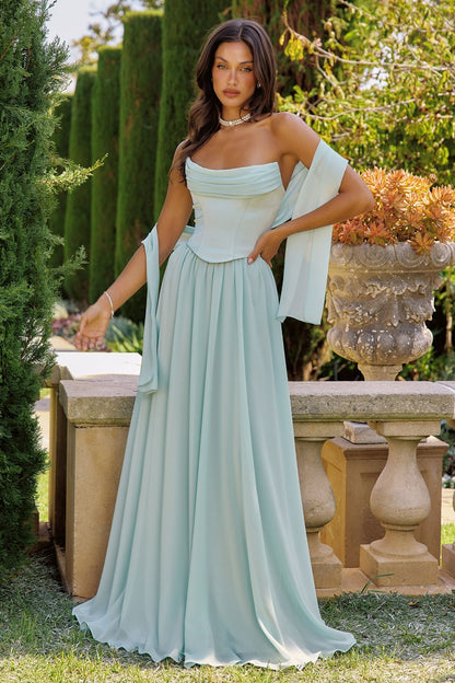 Ethereal A-Line Chiffon & Satin Formal Gown With Draped Bust, Corset Back & Neck Scarf