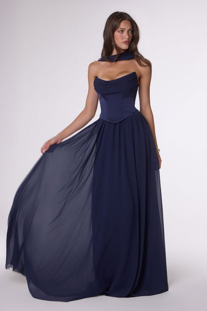 Ethereal A-Line Chiffon & Satin Formal Gown With Draped Bust, Corset Back & Neck Scarf