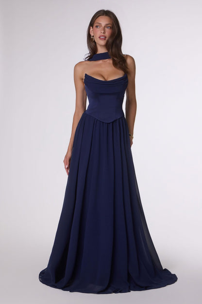 Ethereal A-Line Chiffon & Satin Formal Gown With Draped Bust, Corset Back & Neck Scarf