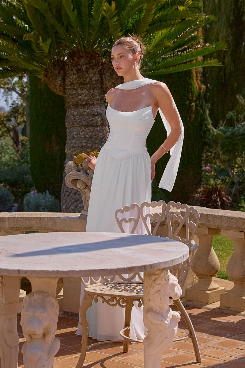 Elegant A-Line Chiffon & Satin Gown - Draped Bust, Neck Scarf & Corset Back