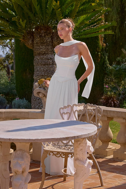 Elegant A-Line Chiffon & Satin Gown - Draped Bust, Neck Scarf & Corset Back