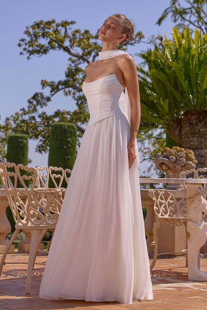 Elegant A-Line Chiffon & Satin Gown - Draped Bust, Neck Scarf & Corset Back