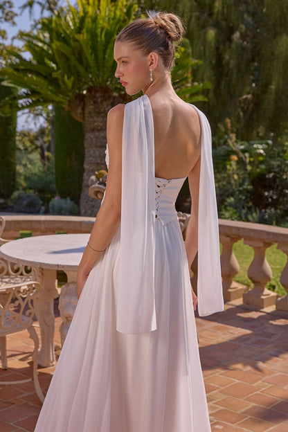 Elegant A-Line Chiffon & Satin Gown - Draped Bust, Neck Scarf & Corset Back