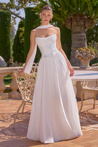 Elegant A-Line Chiffon & Satin Gown - Draped Bust, Neck Scarf & Corset Back