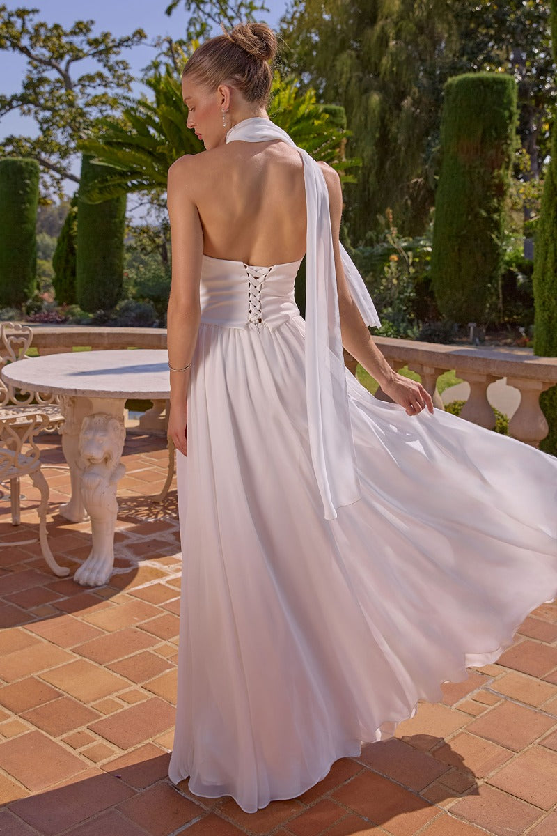 Elegant A-Line Chiffon & Satin Gown - Draped Bust, Neck Scarf & Corset Back