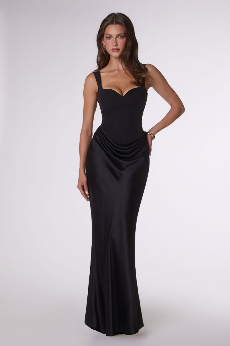 Elegant Crepe Bodice Satin Skirt Fitted Gown | Lace-Up Corset Back Formal Evening Dress