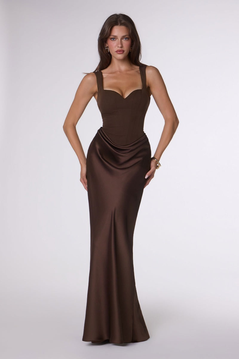 Elegant Crepe Bodice Satin Skirt Fitted Gown | Lace-Up Corset Back Formal Evening Dress