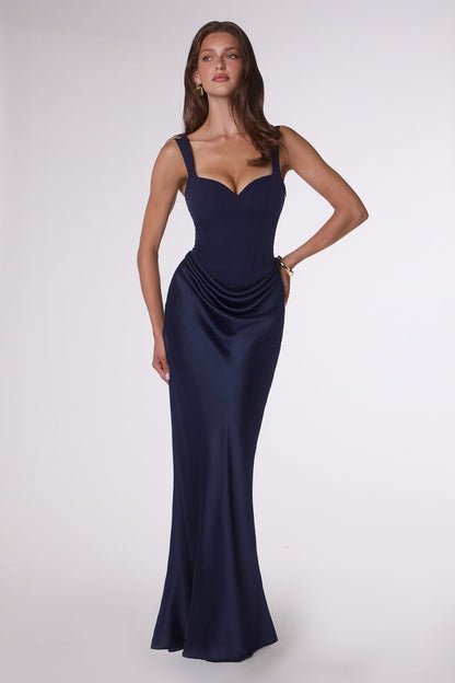 Elegant Crepe Bodice Satin Skirt Fitted Gown | Lace-Up Corset Back Formal Evening Dress
