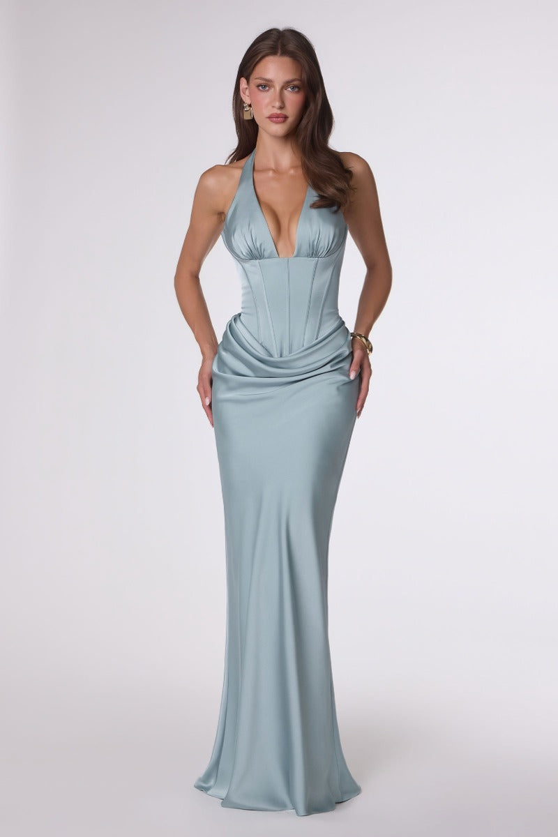 Alluring Plunging Halter Corset Satin Gown - Draped Skirt & Lace-Up Open Back Formal Dress (plus Size)