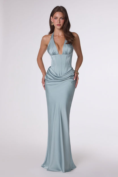 Alluring Plunging Halter Corset Satin Gown - Draped Skirt & Lace-Up Open Back Formal Dress (plus Size)