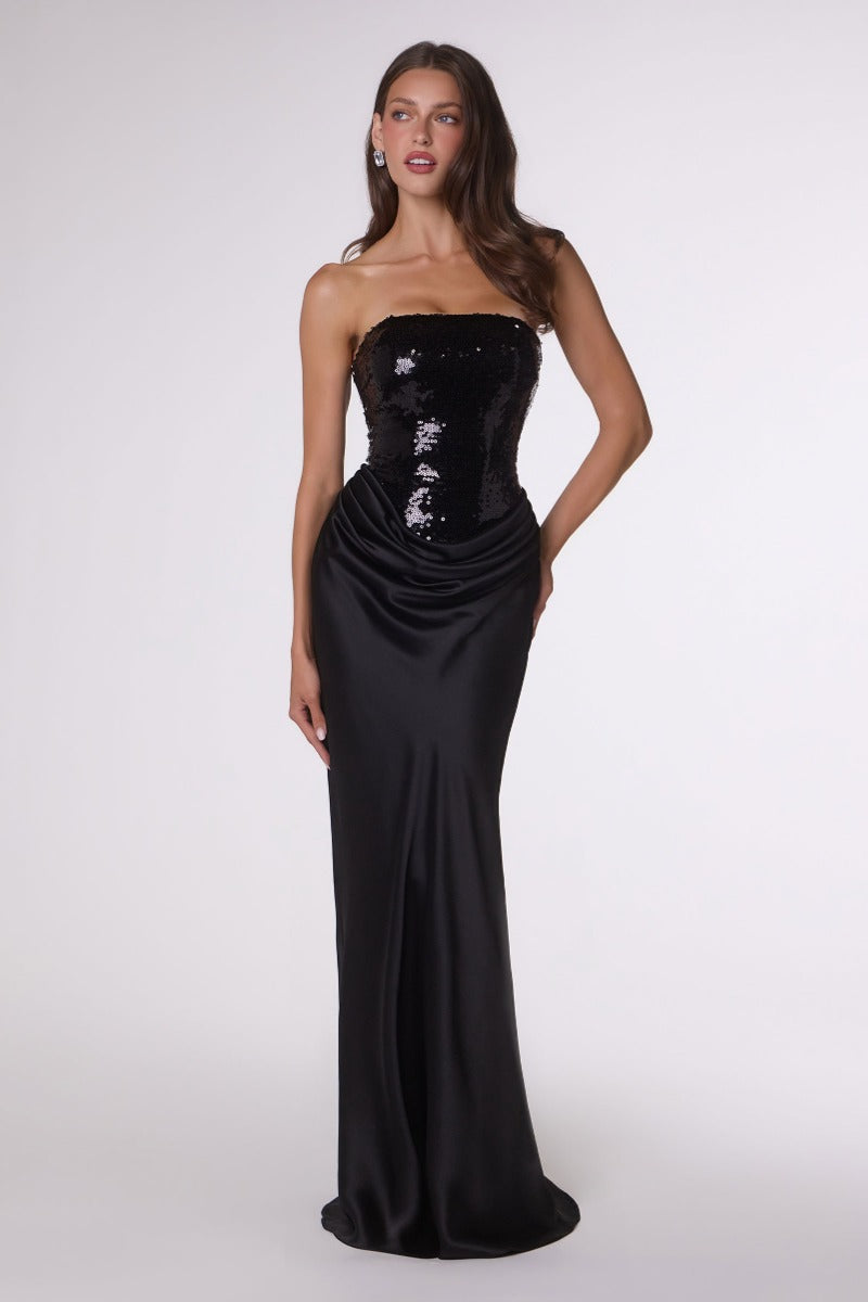 Fitted Sequin Bodice & Satin Skirt Formal Gown With Strapless Neckline And Lace-Up Back