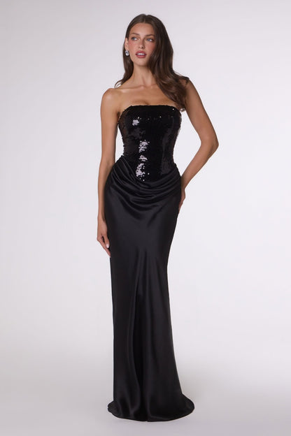 Fitted Sequin Bodice & Satin Skirt Formal Gown With Strapless Neckline And Lace-Up Back