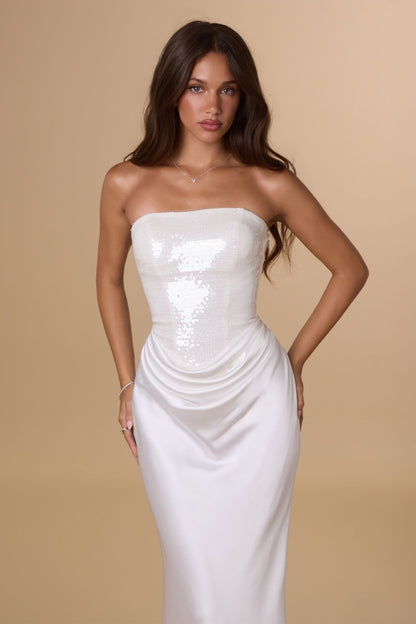 Radiant Sequin Bodice Strapless Satin Fitted Gown | Elegant Formal Evening Dress With Corset Back