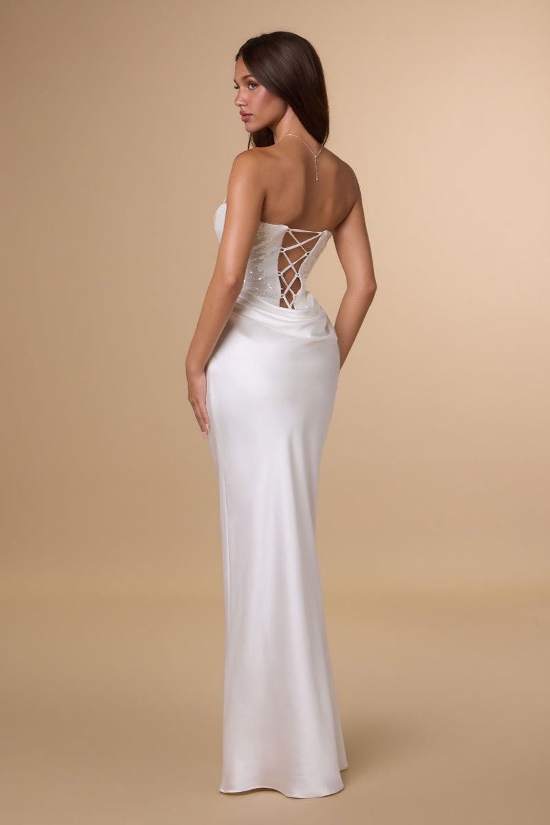 Radiant Sequin Bodice Strapless Satin Fitted Gown | Elegant Formal Evening Dress With Corset Back