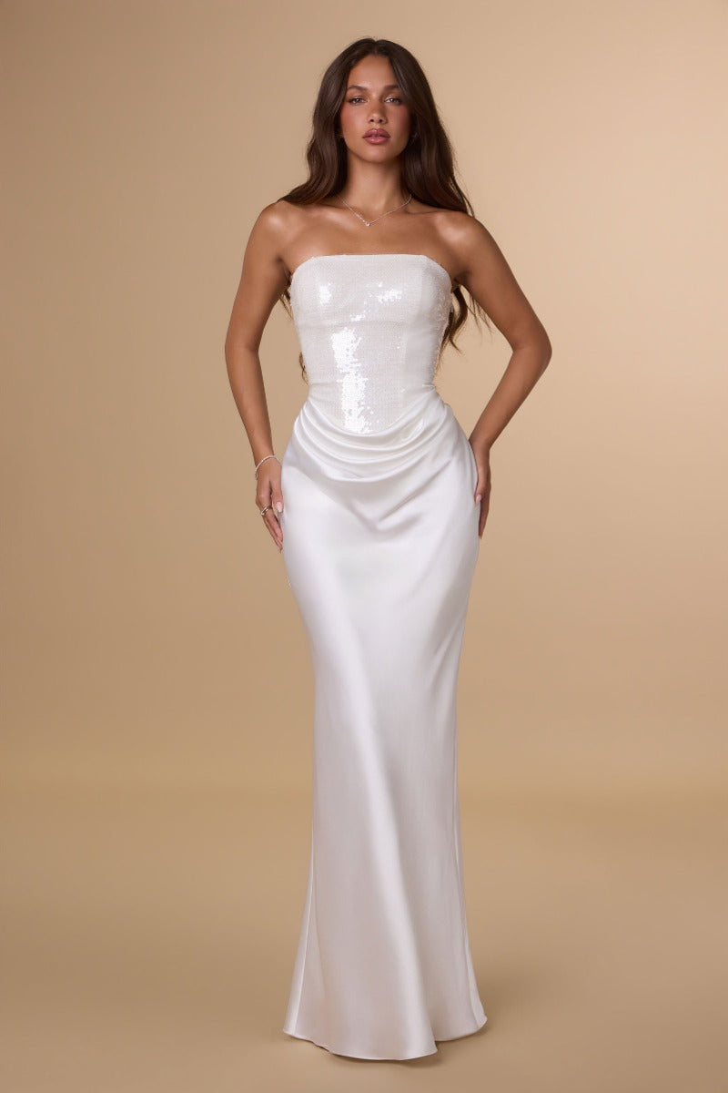 Radiant Sequin Bodice Strapless Satin Fitted Gown | Elegant Formal Evening Dress With Corset Back