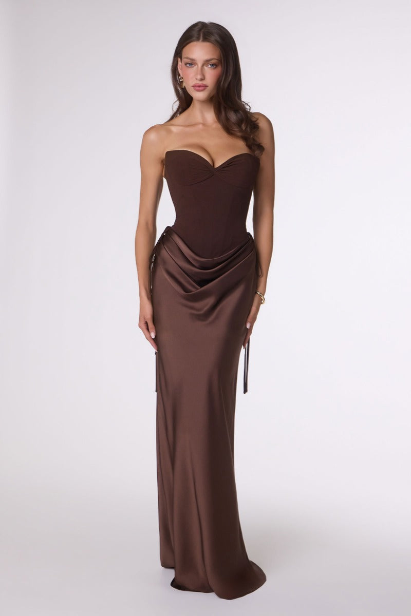 Elegant Strapless Sweetheart Satin Column Gown With Lace-Up Corset Back