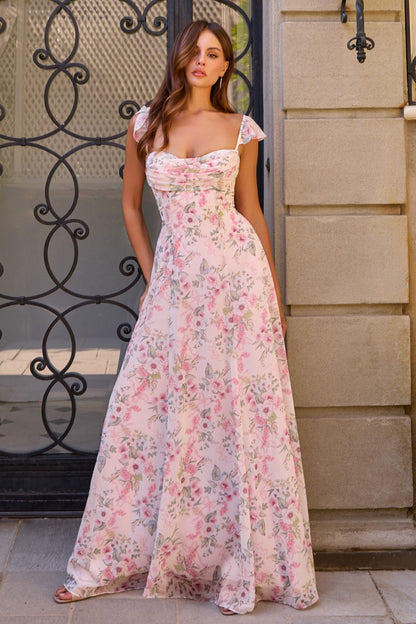 Floral Chiffon A-Line Gown with Draped Sweetheart Neckline and Flutter Sleeves