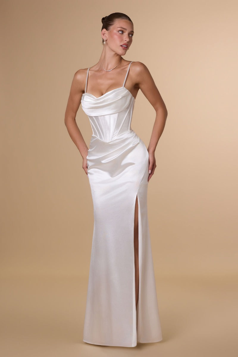 Draped Sweetheart Stretch Satin Gown With Thigh Slit & Corset Back | Plus Size Formal Dress