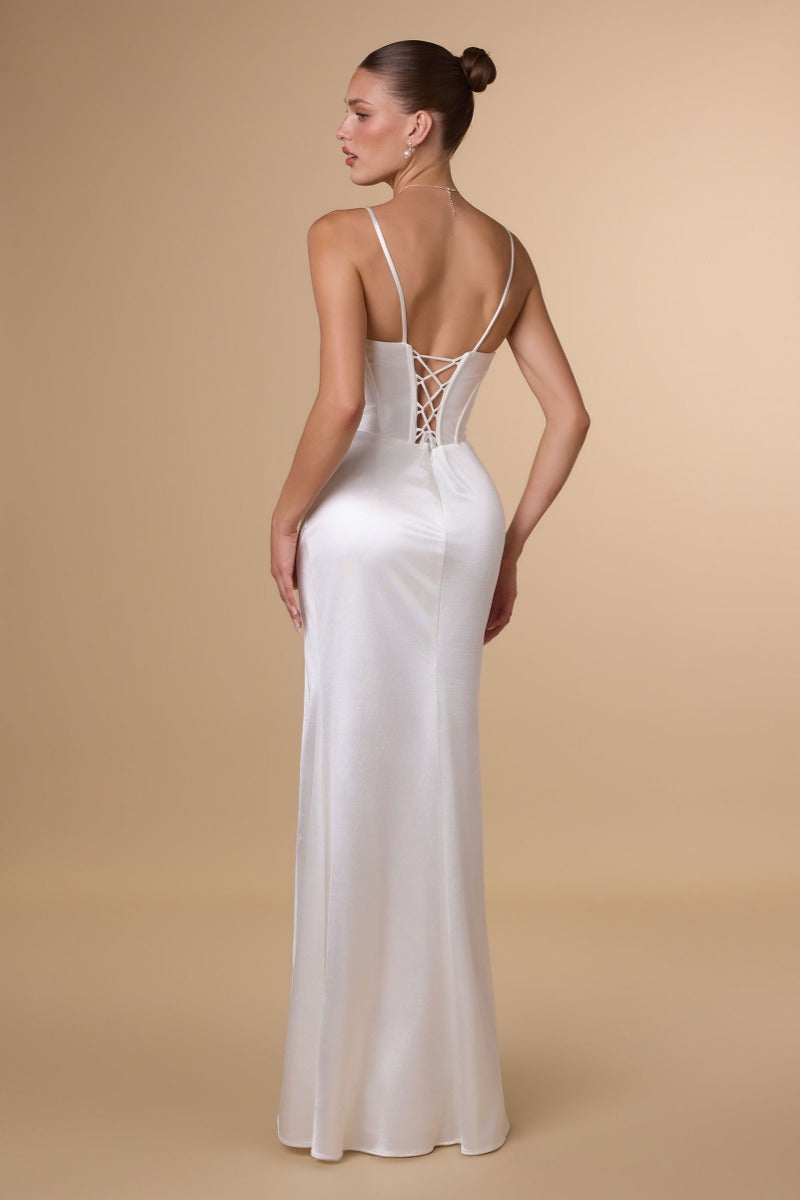 Draped Sweetheart Stretch Satin Gown With Thigh Slit & Corset Back | Plus Size Formal Dress