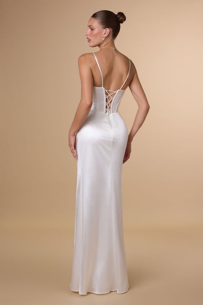 Draped Sweetheart Stretch Satin Gown With Thigh Slit & Corset Back | Plus Size Formal Dress