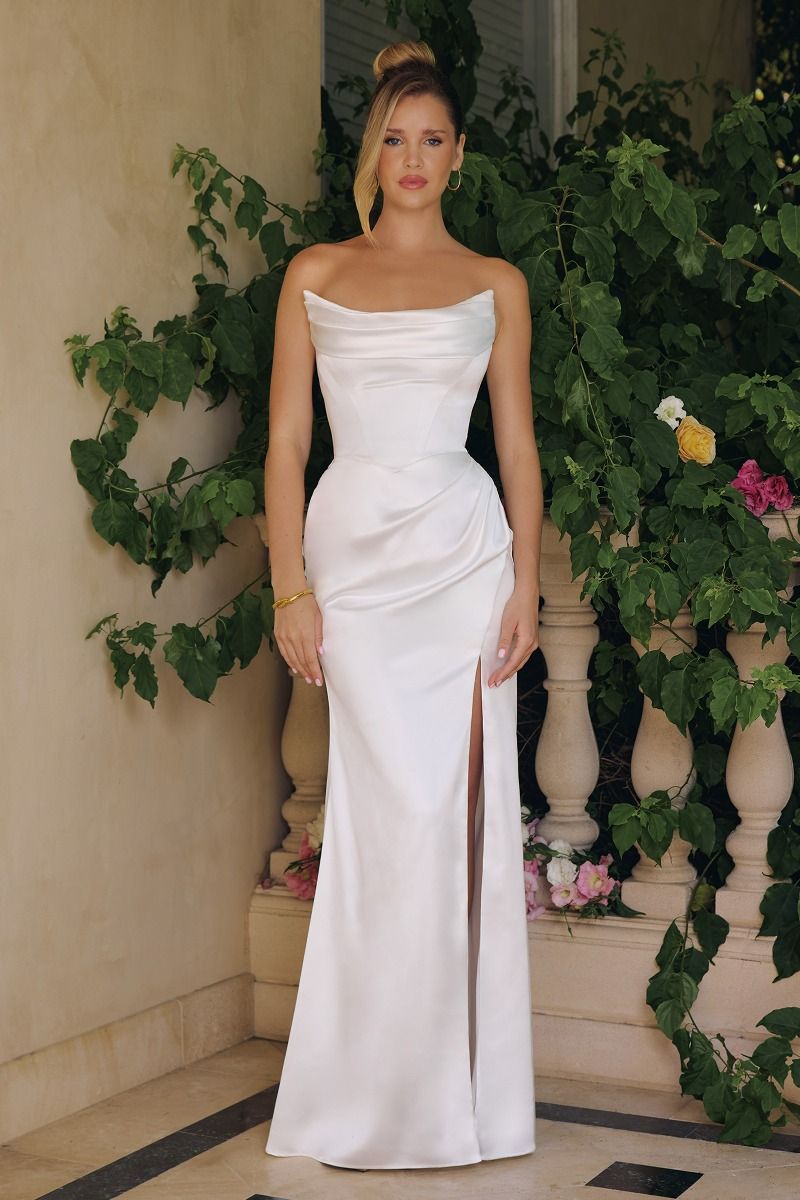 Stretch Satin Gown, Softly Draped Neckline and a Sculpted Bodice