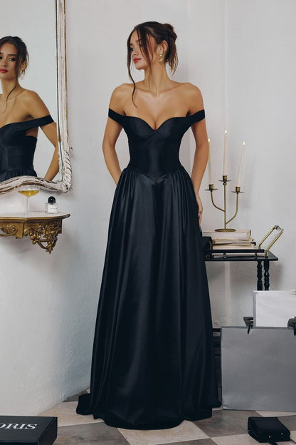 Off-Shoulder Satin Ball Gown with Sweetheart Bodice and Flowing Skirt