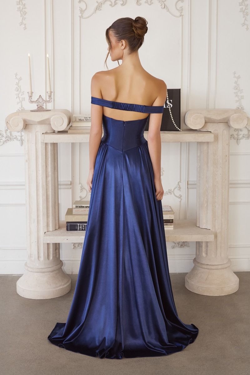 Off-Shoulder Satin Ball Gown with Sweetheart Bodice and Flowing Skirt