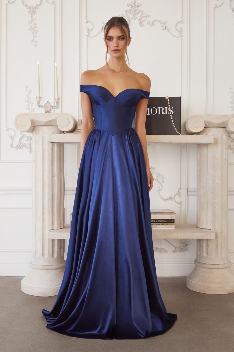 Off-Shoulder Satin Ball Gown with Sweetheart Bodice and Flowing Skirt