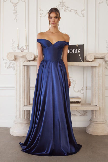 Off-Shoulder Satin Ball Gown with Sweetheart Bodice and Flowing Skirt
