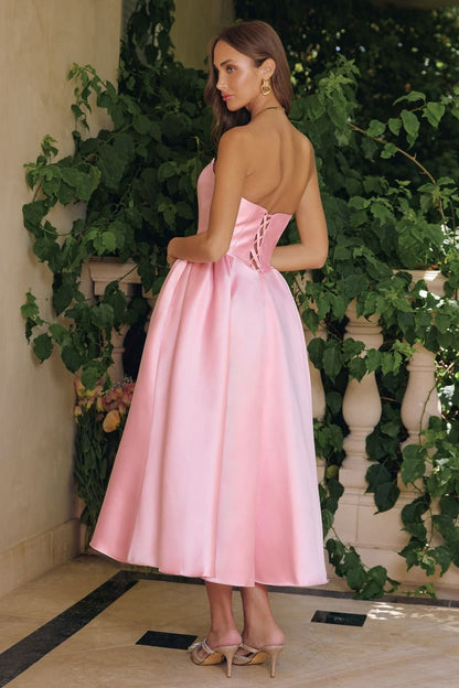 Strapless Mikado Midi Dress with Sculpted Bodice and Voluminous Skirt
